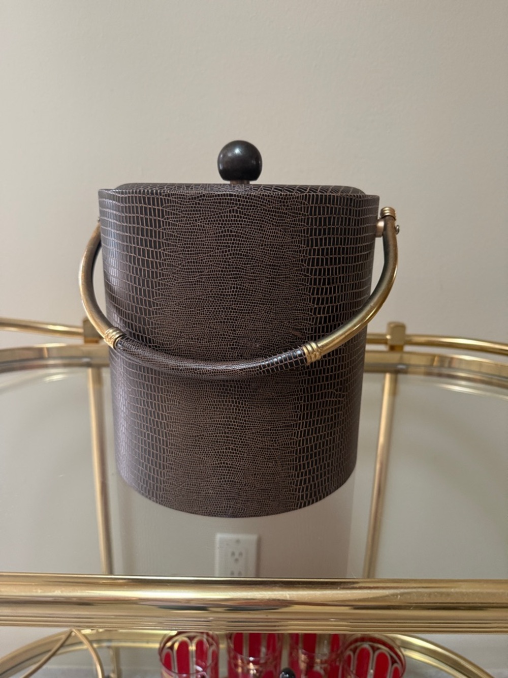 Vintage Ice Bucket Faux Snakeskin with Brass Plated Handle